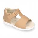 T-Strap Camel Washable leather Sandal shoes with hook and loop closure.