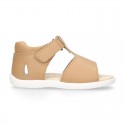 T-Strap Camel Washable leather Sandal shoes with hook and loop closure.