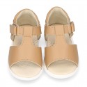 T-Strap Camel Washable leather Sandal shoes with hook and loop closure.