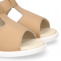 T-Strap Camel Washable leather Sandal shoes with hook and loop closure.