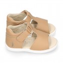 T-Strap Camel Washable leather Sandal shoes with hook and loop closure.