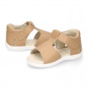 T-Strap Camel Washable leather Sandal shoes with hook and loop closure.