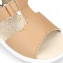 T-Strap Camel Washable leather Sandal shoes with hook and loop closure.