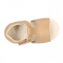 T-Strap Camel Washable leather Sandal shoes with hook and loop closure.