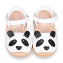 Little PANDA BEAR soft leather Menorquina sandals with hook and loop strap.