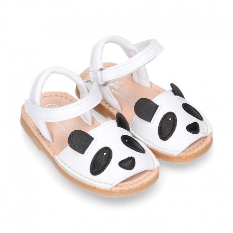 Little PANDA BEAR soft leather Menorquina sandals with hook and loop strap.