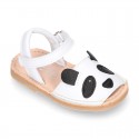 Little PANDA BEAR soft leather Menorquina sandals with hook and loop strap.