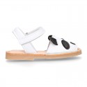 Little PANDA BEAR soft leather Menorquina sandals with hook and loop strap.