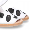 Little PANDA BEAR soft leather Menorquina sandals with hook and loop strap.