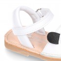 Little PANDA BEAR soft leather Menorquina sandals with hook and loop strap.