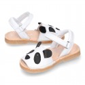 Little PANDA BEAR soft leather Menorquina sandals with hook and loop strap.