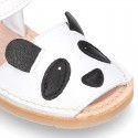 Little PANDA BEAR soft leather Menorquina sandals with hook and loop strap.