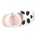 Little PANDA BEAR soft leather Menorquina sandals with hook and loop strap.