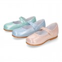 METAL Nappa leather Girl little Mary Jane shoes with hook and loop strap and button.