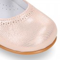 METAL Nappa leather Girl little Mary Jane shoes with hook and loop strap and button.