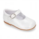 METAL Nappa leather Girl little Mary Jane shoes with hook buckle fastening closure.