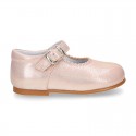 METAL Nappa leather Girl little Mary Jane shoes with hook buckle fastening closure.