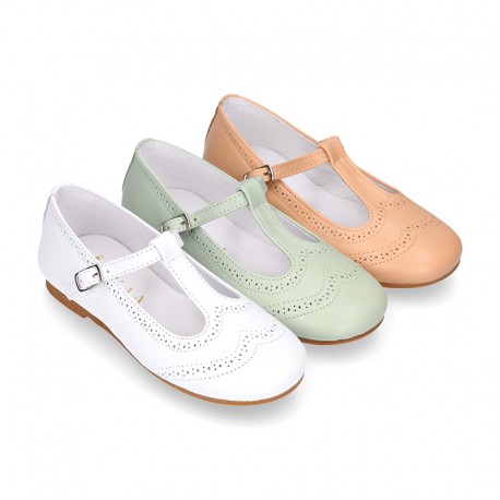 Girl T-Strap Mary Jane shoes in EXTRA SOFT leather with double perforated design.