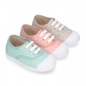 STARS print design cotton canvas Kids sneaker shoes with laces closure and toe cap.