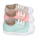 STARS print design cotton canvas Kids sneaker shoes with laces closure and toe cap.