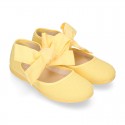 Girl Fashion colors LINEN canvas Mary Jane shoes with big ribbon closure.