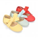 Girl Fashion colors LINEN canvas Mary Jane shoes with big ribbon closure.