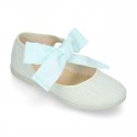 Girl Fashion colors LINEN canvas Mary Jane shoes with big ribbon closure.