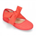 Girl Fashion colors LINEN canvas Mary Jane shoes with big ribbon closure.