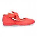 Girl Fashion colors LINEN canvas Mary Jane shoes with big ribbon closure.