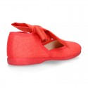 Girl Fashion colors LINEN canvas Mary Jane shoes with big ribbon closure.