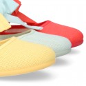 Girl Fashion colors LINEN canvas Mary Jane shoes with big ribbon closure.