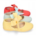 Girl Fashion colors LINEN canvas Mary Jane shoes with big ribbon closure.