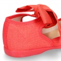 Girl Fashion colors LINEN canvas Mary Jane shoes with big ribbon closure.