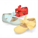 Girl Fashion colors LINEN canvas Mary Jane shoes with big ribbon closure.