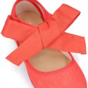 Girl Fashion colors LINEN canvas Mary Jane shoes with big ribbon closure.