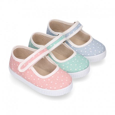 STARS print design cotton canvas Girl little Mary Janes with hook and loop strap closure.