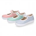 STARS print design cotton canvas Girl little Mary Janes with hook and loop strap closure.