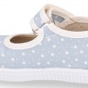 STARS print design cotton canvas Girl little Mary Janes with hook and loop strap closure.