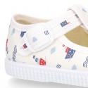 T-Strap Cotton canvas Bamba type shoes with BOATS design.