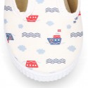 T-Strap Cotton canvas Bamba type shoes with BOATS design.