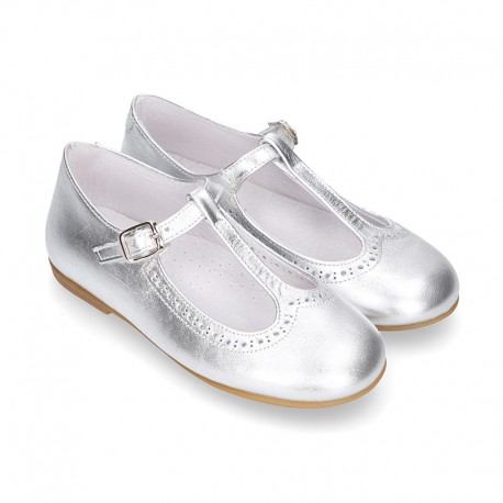 Girl T-Strap Mary Jane shoes in METAL leather with perforated design.