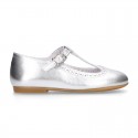 Girl T-Strap Mary Jane shoes in METAL leather with perforated design.