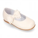 Classic PEARL Nappa leather little Mary Jane shoes with hook and loop strap and BOW.