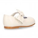 Classic PEARL Nappa leather little Mary Jane shoes with hook and loop strap and BOW.