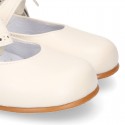 Classic PEARL Nappa leather little Mary Jane shoes with hook and loop strap and BOW.