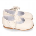 Classic PEARL Nappa leather little Mary Jane shoes with hook and loop strap and BOW.