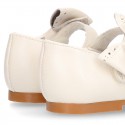 Classic PEARL Nappa leather little Mary Jane shoes with hook and loop strap and BOW.