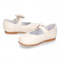 Classic PEARL Nappa leather little Mary Jane shoes with hook and loop strap and BOW.