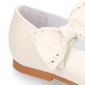 Classic PEARL Nappa leather little Mary Jane shoes with hook and loop strap and BOW.