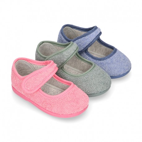 ORGANIC Terry cloth Home little Mary Jane shoes with hook and loop strap.